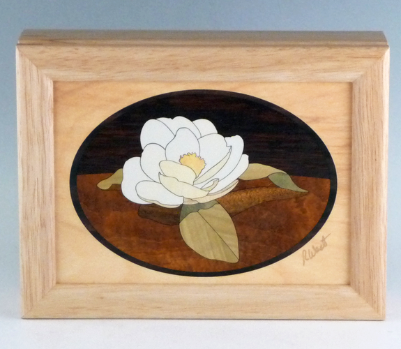 MarqArt - Marquetry Wood Box with Gardenia Design. 8" x 6"