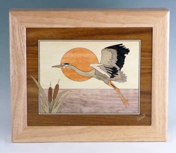 MarqArt - Marquetry Wood Box with Heron Design. 10" x 12"